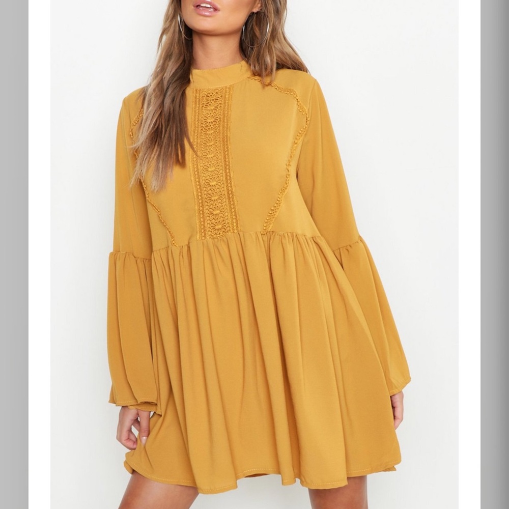 Mustard tunic mini babydoll boho dress